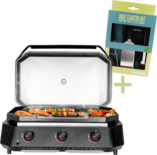 Cozze® G-800 Plancha Gasbakplaat met deksel en 3 gasbranders, 7,5 kW, 30mbar - Inclusief gratis BBQ-set van Cozze