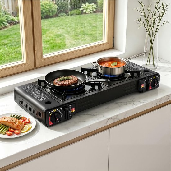 Dailygoods- Gasbarbecue met 2 branders - Tafelmodel - Draagbaar - BBQ-grill - Campinggasfornuis - Overdrukveiligheidsventiel - Stabiele voetpads - Kampeerfornuis