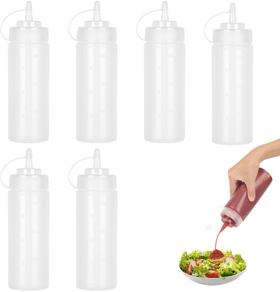 Dailygoods - Quetschflaschen voor sauzen, 6 stuks 360 ml / 12 oz, plastic knijpflesjes met doppen - BPA-vrij, lekvrij - Condimentflessen voor kleuren, bakken, ketchup, pittige sauzen, olijfolie