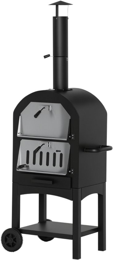 Daity 2-in-1 buitenpizzaoven op wielen, grill met beschermhoes, pizzaspatel, 2 grillroosters, grillwagen met schoorsteen, 3-laags houtgestookte grill, staal, zwart en zilver, 63 x 54 x 161 cm van Merkloos
