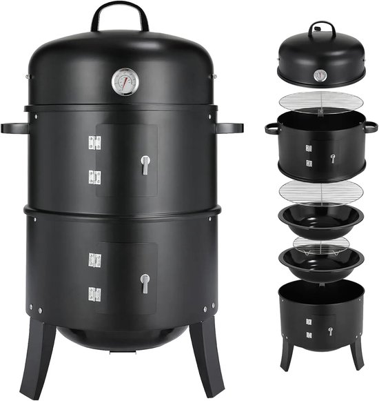 Damenzo - Bbq - Bbq houtskool - 3 in 1 - Grill - Grill apparaat - Rookoven - Buiten koken - Met deksel en thermometer - Ø45cm - Zwart van Merkloos