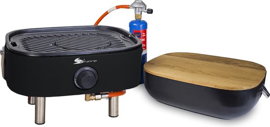 Deluxe Mini draagbare Gas BBQ - Zwart - met propaanpatroon Bernzomatic - gietijzeren grill - met slang en regelaar - snijplank van Bernzomatic