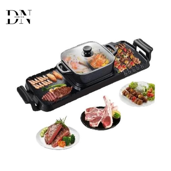 Deniva - Elektrische BBQ Pan Grill & Hot pot - 2-in-1 - Gourmetstel - Anti Aanbak - Rookvrij - BBQ - Grill - 2400W - 1-8 Personen van Merkloos