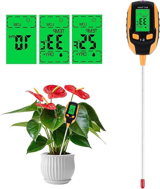 Digitale 4-in-1 Bodemvochtmeter met PH-Meter, Temperatuur- en Luchtvochtigheidsmeter voor Tuinieren en Landbouw binnen en buiten van Merkloos