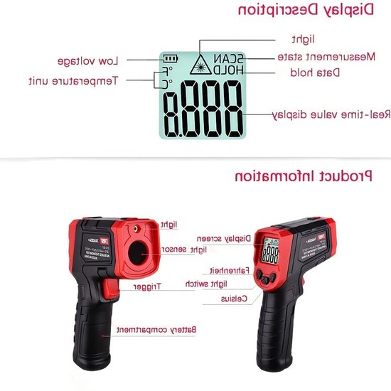 Digitale Infraroodthermometer voor Koken en Barbecue -32℃ tot 550℃ Temperatuurmeter voor Vlees, Suiker en Diepvriesgebruik