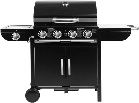 DoneMore® - Gas BBQ grill met 4 branders en zijbrander - grillwagen met thermometer en piëzo ontsteking - zwart - 133x52x122 cm - 27 kg van Merkloos