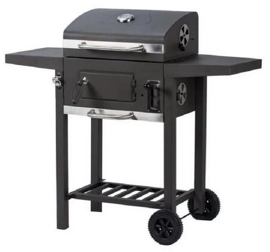 DoneMore® - Houtskool BBQ grill met deksel - barbecue wagen met thermometer en ventilatie - zwart - 100x36x97 cm van Merkloos