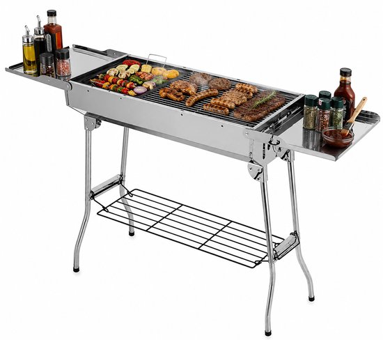 DPLUNIQ BBQ - Barbecue - Barbecue Houtskool - Kolen Bbq - Verstelbare Ventilatie - Pan met Antiaanbaklaag - 122x30x75cm - Roestvrij Staal