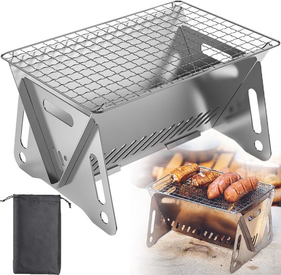 Draagbare Barbecue - Houtskool Barbecue - Met Opbergzak - Opvouwbare Barbecue - RVS - 21 x 16,5 x 13 cm - Draagbare Houtskool Grill met rooster - Barbecue Smoker - Houtskool BBQ - Voor Picknick, Kamperen en Buitenactiviteiten - Festival BBQ van Merkloos