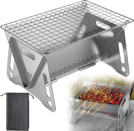 Draagbare Barbecue - Houtskool Barbecue - Met Opbergzak - Opvouwbare Barbecue - RVS - 28,5 x 18,5 x 13 cm - Draagbare Houtskool Grill met rooster - Barbecue Smoker - Houtskool BBQ - Voor Picknick, Kamperen en Buitenactiviteiten - Festival BBQ van Merkloos