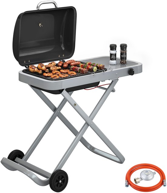 Draagbare gasbarbecue-1 brander-2,5 kW-barbecuewagen met inklapbaar onderstel-grillrooster-bijzettafel-deksel-thermometer