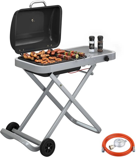 Draagbare Gasbarbecue - Gasbarbecue en grill - 1 Branders - 2,5 kW - Grillwagen - Barbecuewagen - met Grillrooster, Wielen, Inklapbaar Onderstel, Bijzettafels, Thermometer & Deksel - 109 x 55 x 89 cm - Zwart + Zilver van Merkloos