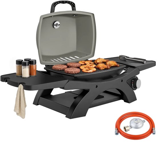 Draagbare Gasbarbecue - Inklapbaar Gasbarbecue en grill - 1 Branders - 3,3 kW - Grillwagen - Barbecuewagen - met Grillrooster, Bijzettafels, Vetopvangbak, Thermometer & Deksel - 102 x 48 x 38 cm - Zwart + Grijs van Merkloos