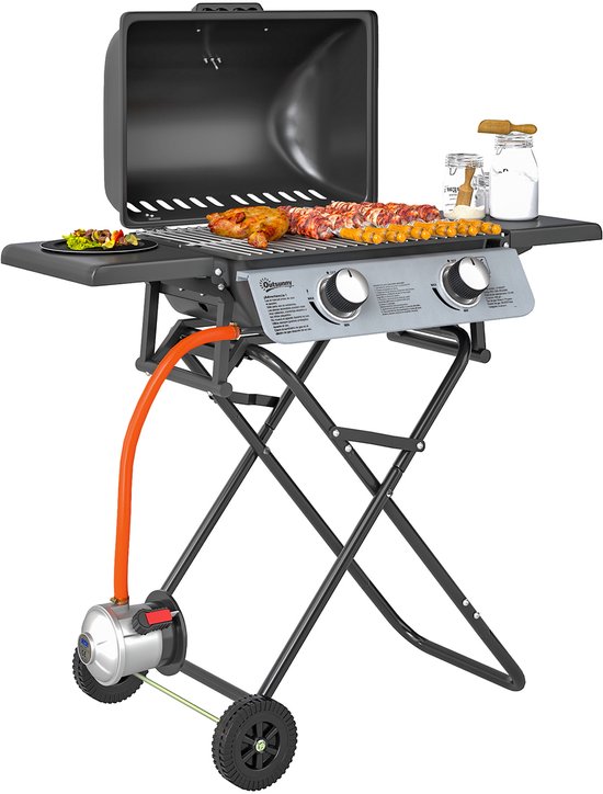 Draagbare Gasbarbecue met 2 Branders en 2 Zijtafels, Deksel met Thermometer en Wielen, Zwart van Merkloos