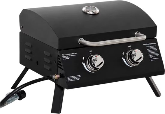 Draagbare Gasbarbecue Tafelmodel Zwart – 2 Branders 5 KW met Opklapbare Poten & Thermometer