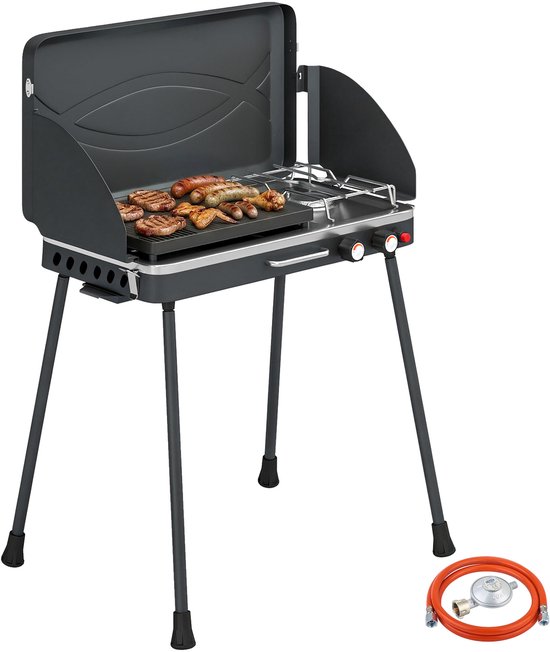 Draagbare gasgrill - 2 branders - 7 kW - 2 - in - 1 tafelgrill met braadfunctie - inklapbare poten - grillrooster - windscherm - deksel en vergrendelingsmechanisme.