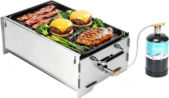 Draagbare gasgrill, camping grill, gas & houtskool werking incl. gietijzeren grillplaat - draagtas - mobiele kleine grill - perfect voor camping - tuin - balkon, outdoor - vierkante roestvrijstalen