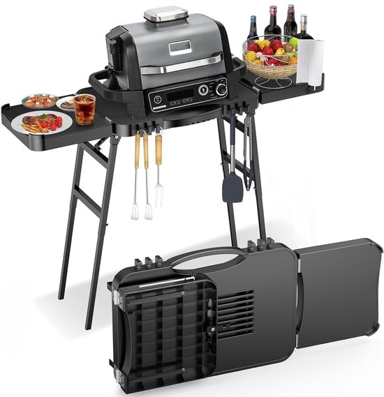 Draagbare Grill Trolley voor Enders Urban, Weber Q100/Q200/Q300 en Ninja Woodfire - Opvouwbare Buiten Grillstand met Ruime Werktafel en Verstelbare Hoogte voor Comfortabel Grillen van Merkloos
