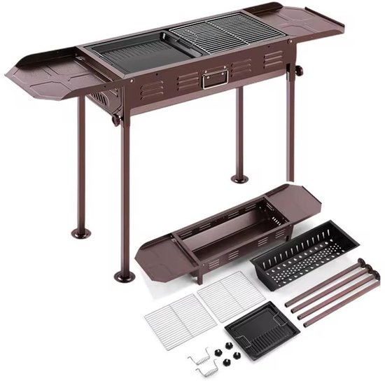 Draagbare Houtskool Barbecue met Trolley – Rookarme RVS BBQ Grill voor Buiten, Camping & Tuin – 66,5x30x68 cm