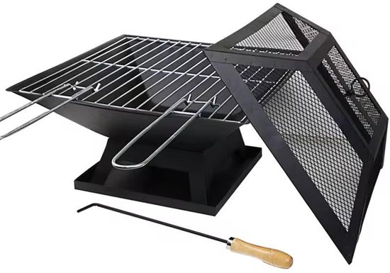 Draagbare Houtskool BBQ Grill en Vuurkorf – 3-in-1 Buitenhaard voor Tuin, Camping en Terras – 45x45x35