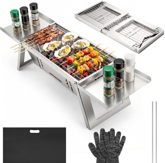 Draagbare Houtskoolgrill - Met 4 Hoogtestanden - Compacte Tafelbarbecue Opvouwbaar - Mini BBQ voor Camping, Picknick & Tuin - Verstelbaar Grillrooster - Zwart