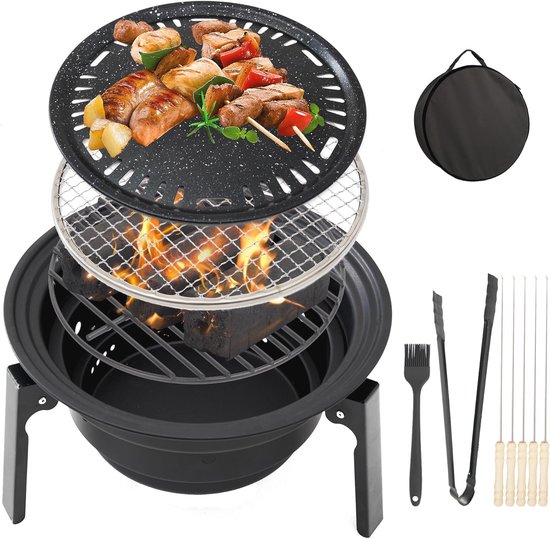 Draagbare houtskoolgrill met draagtas en Koreaanse grillpan - 36,5 cm BBQ voor camping en thuis van Baffect