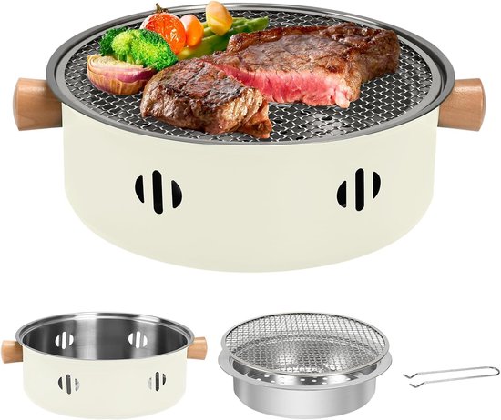 Draagbare houtskoolgrill, mini-barbecuegrill uit één stuk, multifunctionele rookvrije ronde tafelbarbecue op houtskool, geschikt voor koken binnen en buiten, familiebijeenkomsten, picknicks en kamperen (beige). van Diepintuin