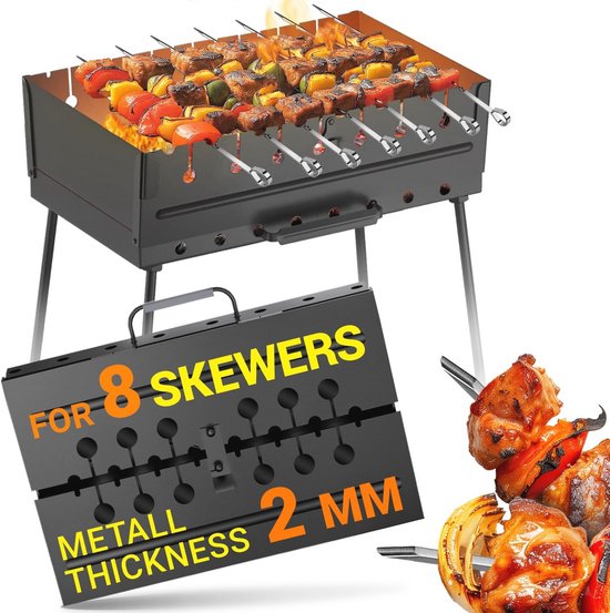 Draagbare Houtskoolgrill voor 8 Spiesjes - Compacte BBQ voor Kamperen en Picknicken van Merkloos