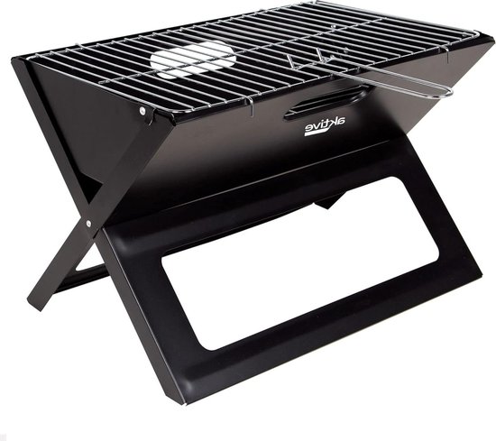 Draagbare inklapbare grill staalkolen zwart rechthoekig draaggreep 45x29x30cm eenvoudig monteren transporteren barbecue camping terras. van Merkloos