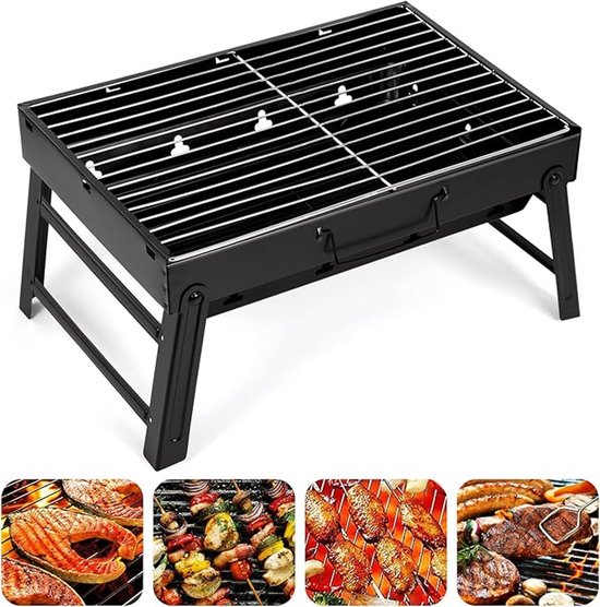Draagbare Opvouwbare Houtskool BBQ Grill – Middelgroot (5–7 Personen) – Compact & Lichtgewicht – Ideaal voor Camping, Picknick, Terras & Tuin – 52 x 29 x 22 cm
