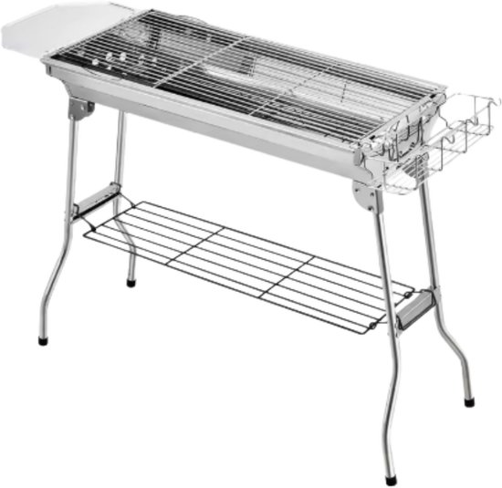 Draagbare opvouwbare houtskoolgrill - Kampeergrill - Barbecue - Voor picknick, festival, camping en feest - Roestvrijstalen rechtopstaande grill met anti-aanbakpan