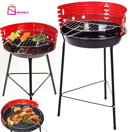 Draagbare Ronde Houtskool BBQ – Ø35 cm – Camping & Tuin Barbecue – Met Verstelbaar Grillrooster – bbq accesoires – bbq hoes – bbq houtskool – bbq gereedschap – 51833 van Merkloos