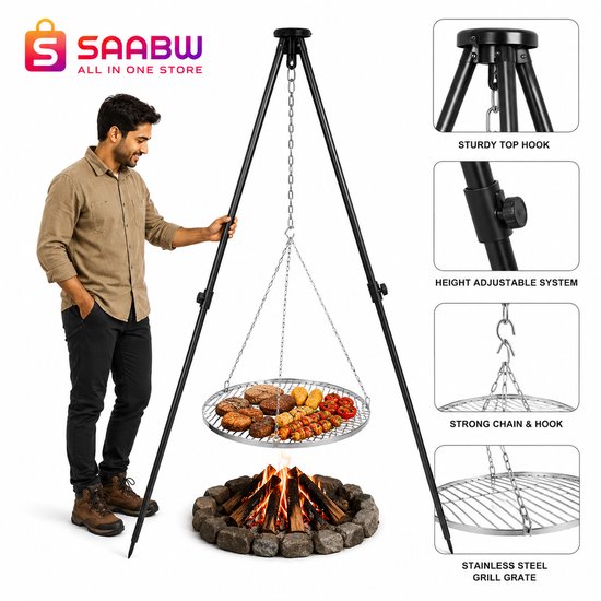 Driepoot Barbecue Grill 70 cm met RVS Rooster – Tuingrill met Hoogteverstelling voor Kampvuur en Buiten Koken – Hangende Grill op Statief 190 cm – Camping BBQ – driepoot barbecue – tripod grill – kampvuur grill – zwart – 63887