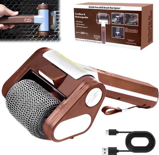 Electric Grill Cleaner Without Bristles, Rotating Grill Brush Without Bristles with LED, Stainless Steel 304 Brush Removing Burnt Food Residues, van Merkloos