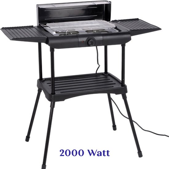 Elektrische Barbecue - 2000W- Staand Model - Grilloppervlak (LxB) 36x24 cm -Zijtafels - Compact- Zwart