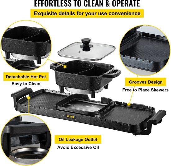 Elektrische BBQ - Pan Grill en Hot Pot - Krachtig 2400W - Draagbaar en Rookvrij - Afneembare Anti-aanbaklaag - BBQ - Gourmet - Grill - Kookgerei - Koken - Grillen van Merkloos