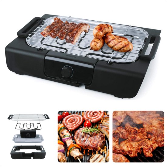 Elektrische Tafel Barbecue - Grillplaat 42x24 cm - Afneembaar Grillrooster - RVS - Kunststof - 50,5x36,5x9cm - Met Metalen Waterreservoir - Verstelbare Thermostaat - Veiligheidsvergrendeling - 2000 Watt - Elektrische BBQ - Tafelmodel van Merkloos