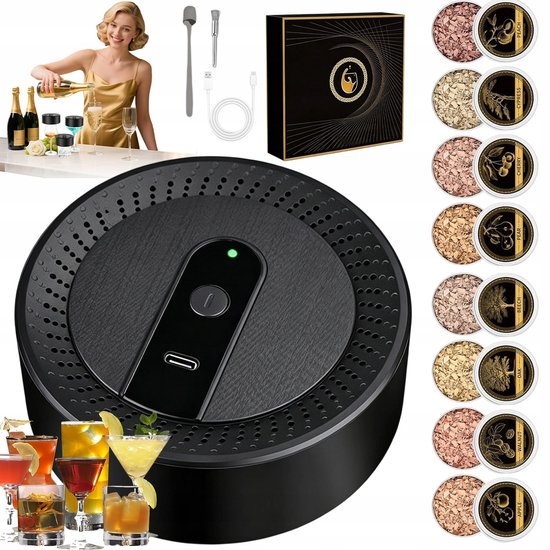 Elektrische Whisky Rookset - Whisky rookoven - 8 Natuurlijke Houtsnippers - Type-C Oplaadbaar & Draadloos - Vlamloos & Veilig - Voor Whisky & BBQ