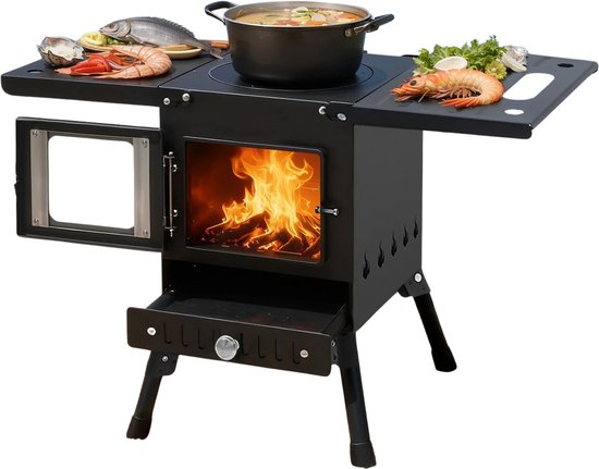 EMVAE Camping Houtkachel - Camping kachel - Opvouwbare camping bbq - Verstelbare Hoogte - Zwart