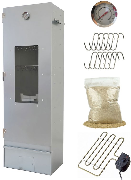 Eurocatch Rookoven Set Big One - Gebruiksklaar geleverd - Hoogte 120cm - Verzinkt Metaal - Met kijkvenster - Incl. Thermometer, Rookhaak en Visrooster - Extra Elektrisch Spiraal & Rookmot van Eurocatch