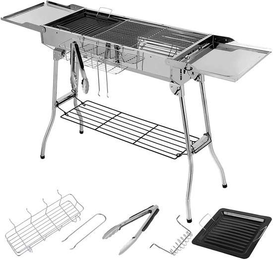 Evaux Boutique Houtskoolbarbecue - Camping barbecue- houtskool - Opvouwbare grill - Draagbare grill - Barbecue voor camping, tuin, picknick, feest - 73 x 33 x 71 cm - voor 5-10 personen - Zilver