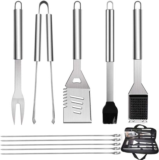 Famanu 10 stuks roestvrijstalen grillbestekset, professionele grillbesteksets in draagtas, BBQ grillgereedschap, grillset, gereedschap voor mannen en vrouwen, camping, tuin van Famanu
