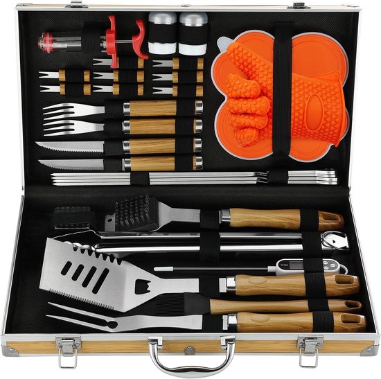 Famanu 30Pcs Hoge Kwaliteit Roestvrij Staal Barbecuegerei-Sets - Professionele Duurzame Grillset - Complete Grill Set - Outdoor Camping Grillbestek-Set voor Mannen en Vrouwen