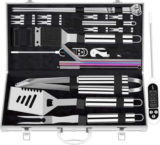 Famanu - Extra dikke RVS grillset voor mannen, set van grilaccessoires voor BBQ in achtertuin, cadeauset met grilltools, met vleesthermometer, in aluminium koffer, 26 stuks, zilver van Famanu