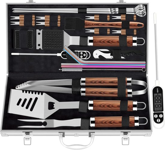 Famanu Extra dikke RVS grillset voor mannen, set van grilaccessoires voor BBQ in tuin, cadeauset met grilltools, met vleesthermometer, in aluminium koffer, 26 stuks, bruin van Famanu