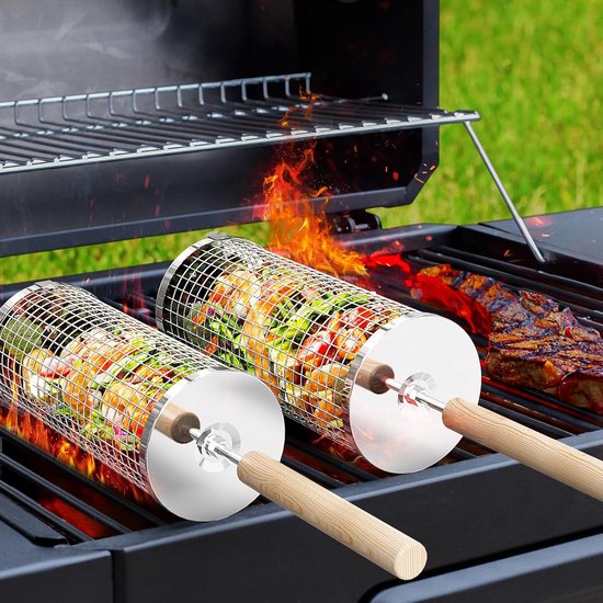 Famanu Geneste rollende grillmandenset met houten handvat (2 stuks, 24 cm x 10 cm), Rolling Grilling mand, grillnet voor de buitengrill voor groenten, grillmand, roestvrij staal, cilindrisch van Famanu