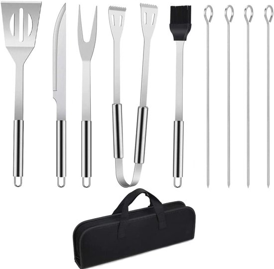 Famanu Grillbestek BBQ grillaccessoires, 9 stuks grill-gereedschapsset roestvrij staal barbecue-gebruiksvoorwerpen, BBQ grillen kookgereedschap kit-schraper, kwast, vleesmes, spiesen accessoires voor outdoor gezinnen tuinfeest van Famanu