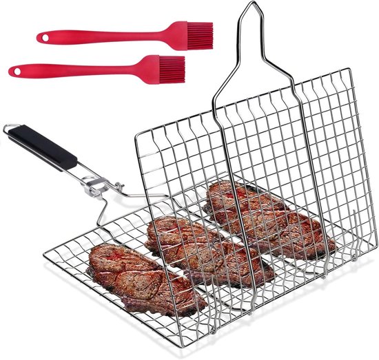 Famanu Grillmand van roestvrij staal, 32 x 22 cm, opvouwbare grillmand voor vis, draagbare grillmand met 2 siliconen borstels, barbecue-accessoires, grillhouder voor visgroenten, steak, garnalen met van Famanu