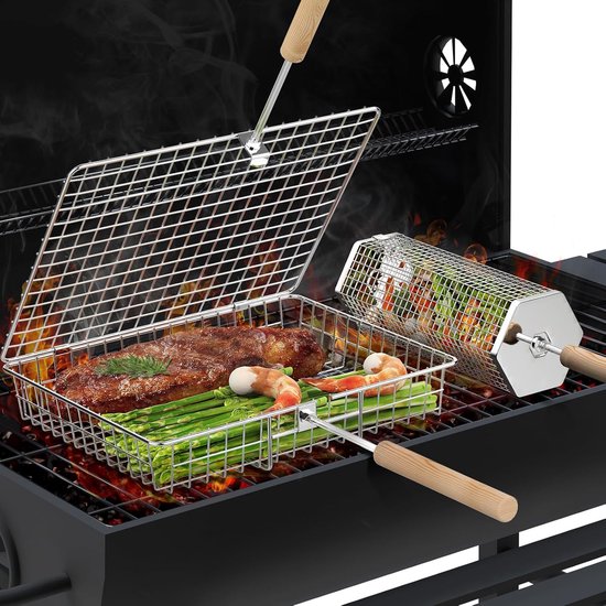 Famanu Grillmanden, afneembaar houten handvat, 304 roestvrij staal, rollend grillnet, barbecue-accessoires gereedschap voor groenten garnalen, buiten koken kamperen, geschenken voor mannen, vader, van Famanu