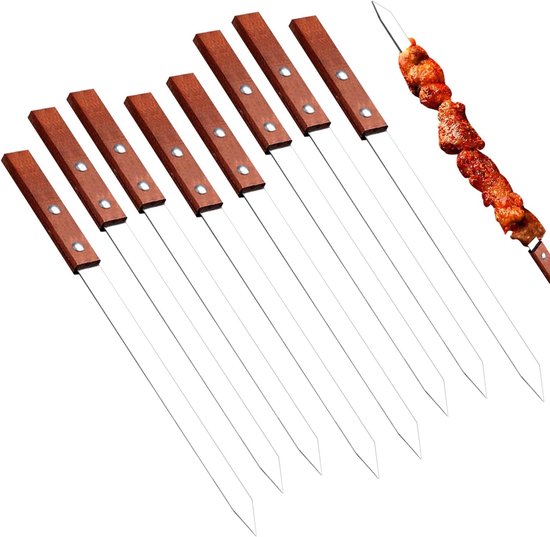 Famanu Grillspiesen, 8 stuks, herbruikbaar, 40 cm, platte sjasliekspiesen, roestvrij staal, met houten handvat, kebab-spiesen voor vlees en groenten, vleessspiesen, barbecue-accessoires van Famanu